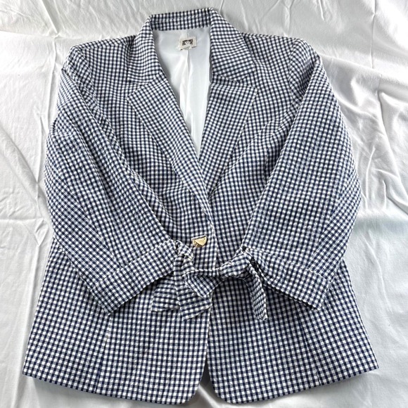Anne Klein Jackets & Blazers - Anne Klein Navy White Gingham Checkered Tie Cuff Blazer Jacket Womens Medium